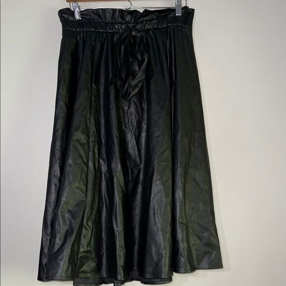 New York & Company Black Midi A-Line Faux Leather Skirt with Tie Front - Picture 1 of 10